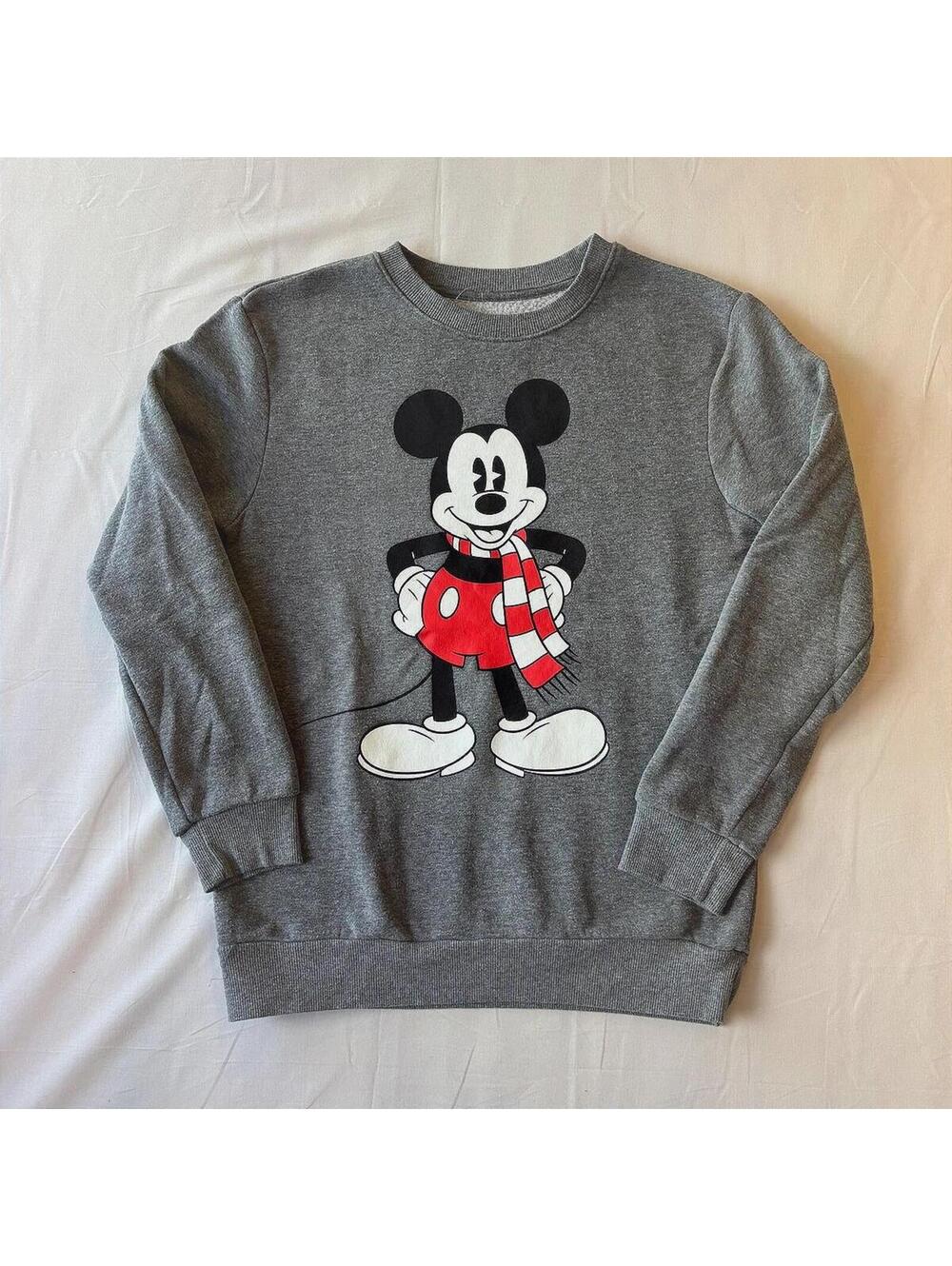 Disney Mickey Mouse Holiday Scarf Sweatshirt Heather Gray Youth Size L Fleece